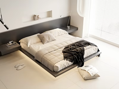 Minimalist Modern Double Bed With White Bedding Black Throw Blanket Bedside Shelves And Natural Light 3d model