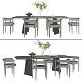 Modern Dining Table Set With Marble Tabletop Gray Chairs And Green Plants 3d model