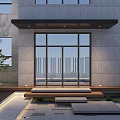Modern Garden With Outdoor Dining Set Umbrella Stone Paving Lighting And Green Plants