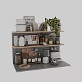 Stylish Kitchen Shelves Displaying Modern Kitchenware With Plants Jars Spices Blender And Cutting Boards