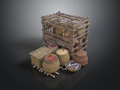 Traditional Wooden Rack Display With Woven Baskets Red Fruits And Clay Pot 3d model
