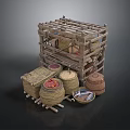 Traditional Wooden Rack Display With Woven Baskets Red Fruits And Clay Pot