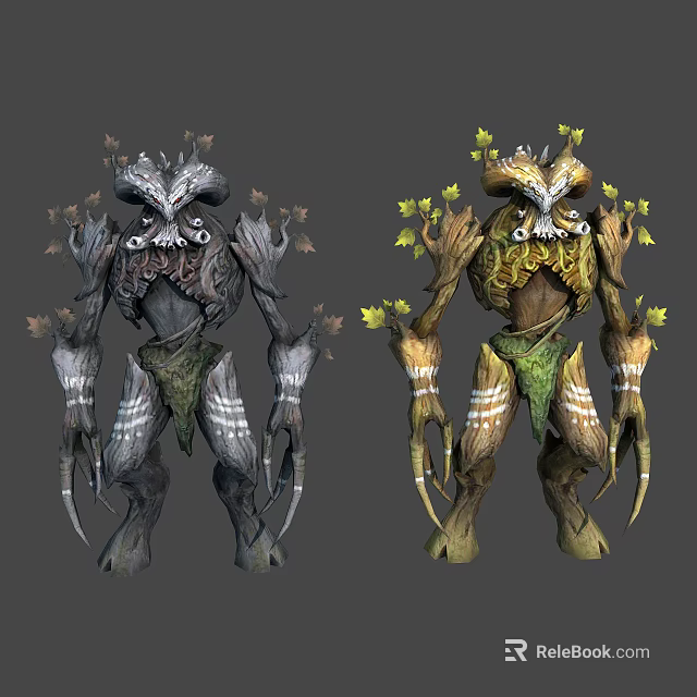 Mythical Tree Creature Character Designs With Rooted Bodies Clawed Hands And Floral Headpieces 3d model 