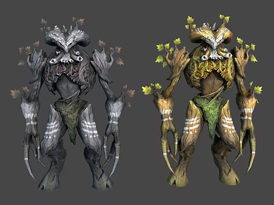 Mythical Tree Creature Character Designs With Rooted Bodies Clawed Hands And Floral Headpieces 3d model