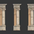 Three Classical Stone Columns With Carved Details And Fluted Shafts On White Background