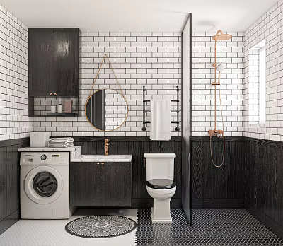 Modern Bathroom Interior With White Brick Walls Black Cabinets Round Mirror And Brass Showerhead 3d model