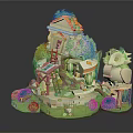 Cartoon Style Treehouse Scene With Green Plants Ladder And Small Structures
