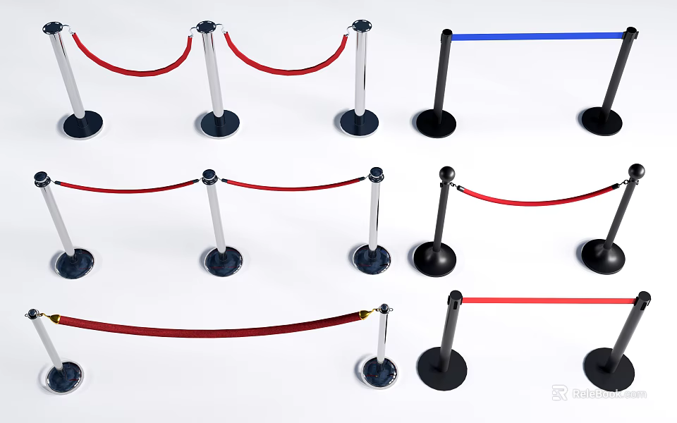 Different Stanchion Designs with Red Blue Ropes and Black Silver Bases 3d model 