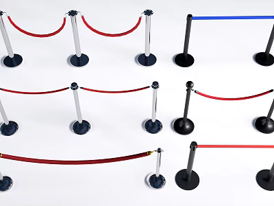 Different Stanchion Designs with Red Blue Ropes and Black Silver Bases 3d model