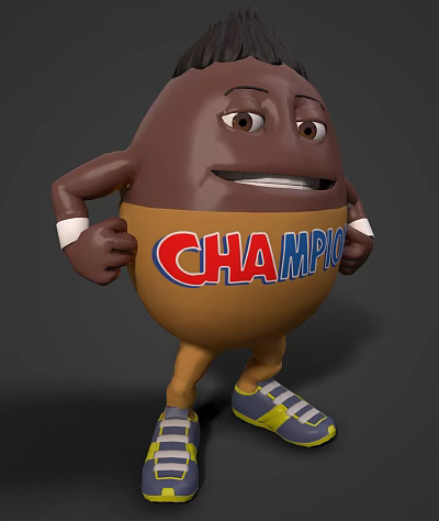 Anthropomorphic Brown Egg Character With Yellow CHAMPION Belly Wearing Sneakers Wristbands And Hands On Hips 3d model