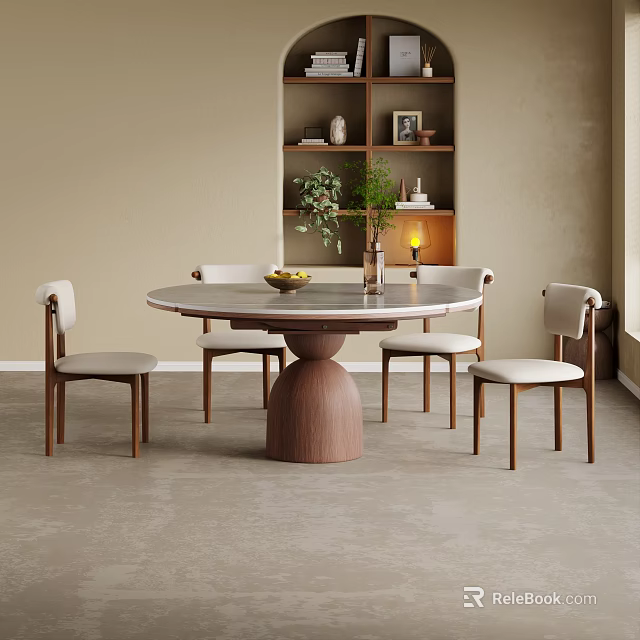 Modern Round Dining Table Set With Marble Top Wooden Base Light Chairs And Bookshelf Decor 3d model 