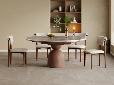 Modern Round Dining Table Set With Marble Top Wooden Base Light Chairs And Bookshelf Decor 3d model