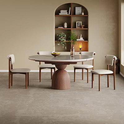 Modern Round Dining Table Set With Marble Top Wooden Base Light Chairs And Bookshelf Decor 3d model