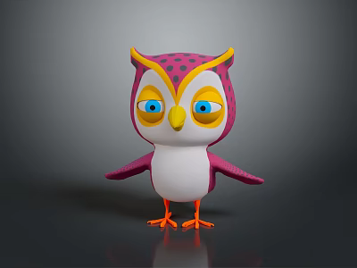 3D Cartoon Owl Character With Pink Yellow Head Polka Dots Blue Eyes White Body 3d model