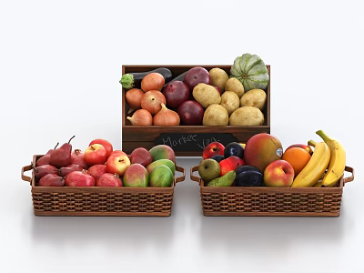Assorted Fresh Fruits Apples Pears Bananas Peaches Mangoes Arranged In Three Wicker Baskets 3d model