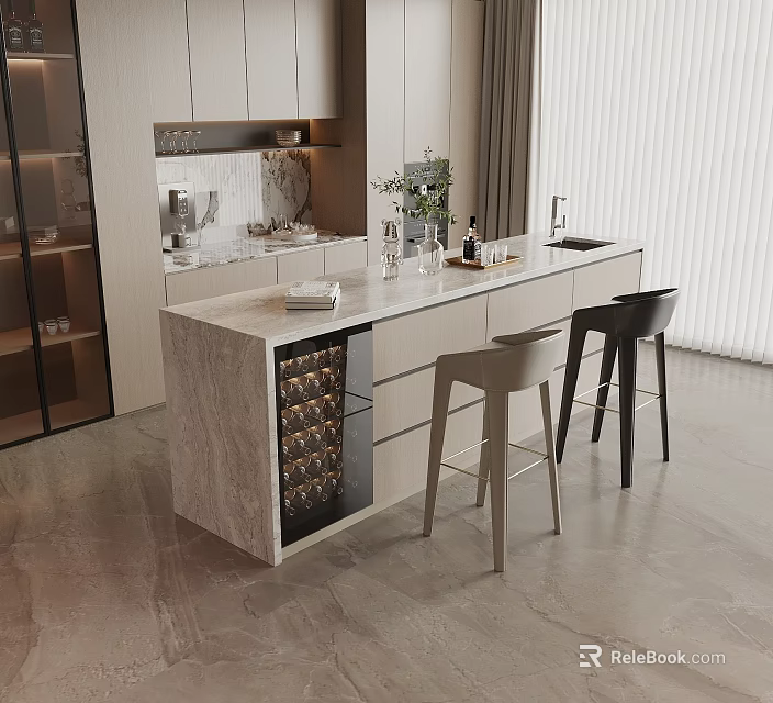 Modern Bar Counter With Marble Top Wine Storage And Stools In Minimalist Design 3d model 