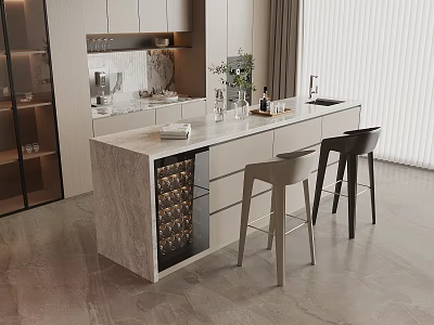 Modern Bar Counter With Marble Top Wine Storage And Stools In Minimalist Design 3d model