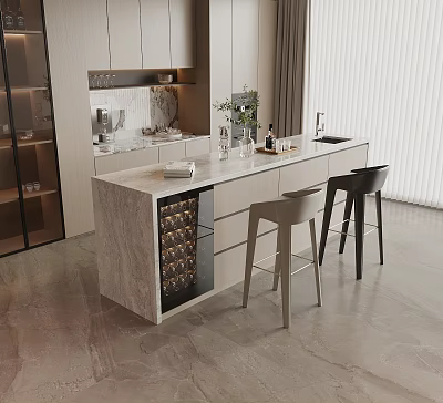 Modern Bar Counter With Marble Top Wine Storage And Stools In Minimalist Design 3d model
