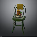 Green Chair With Yellow Towel Stack of Books Basket Oranges And Small Potted Plant
