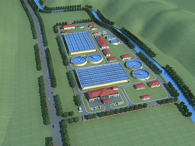 Industrial Plant Aerial View with Multiple Buildings Green Surroundings Road Access and Circular Facilities 3d model