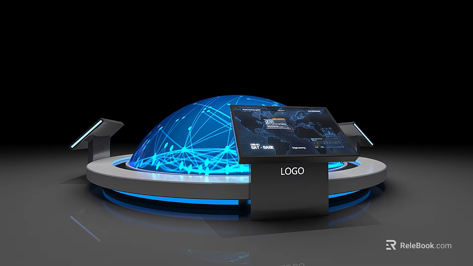 Modern Public Facility With Blue Dome Network Lines And Interactive Display Screen 3d model 