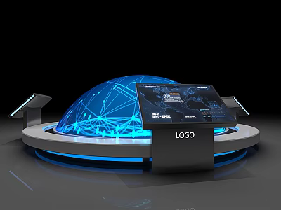 Modern Public Facility With Blue Dome Network Lines And Interactive Display Screen 3d model