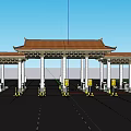 Traditional Chinese Style Gate With Classic Roof Multiple Lanes Vehicles Passing Blue Sky White Clouds