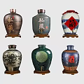 Traditional Ceramic Wine Jars With Wooden Bases And Decorative Dragon Patterns Chinese Characters