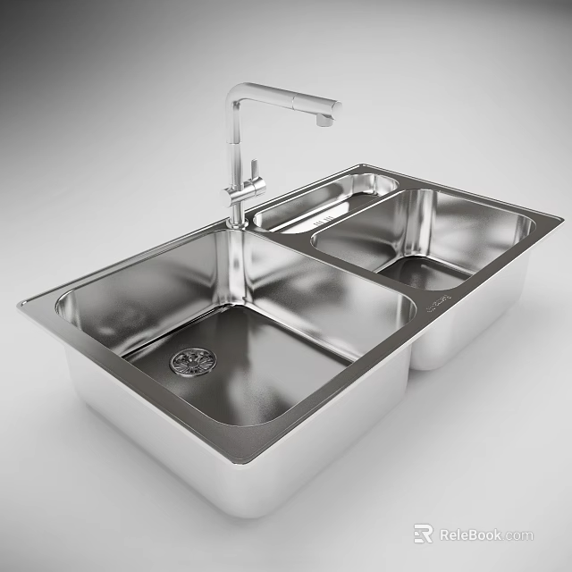 Stainless Steel Double Bowl Kitchen Sink With Modern Faucet Design 3d model 