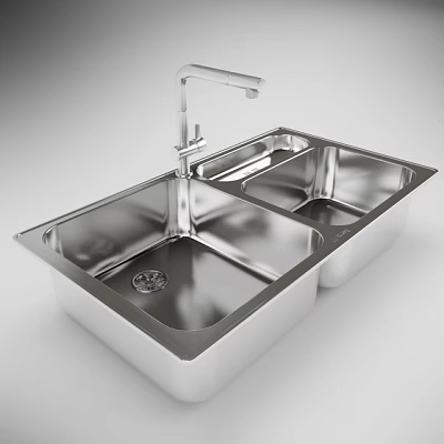 Stainless Steel Double Bowl Kitchen Sink With Modern Faucet Design 3d model