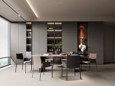 Elegant Modern Restaurant Interior With Gray Cabinets Wooden Accents Dining Table And Green Plants 3d model