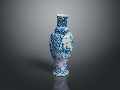 Blue And White Porcelain Vase With Traditional Landscape Sculpture Carving 3d model