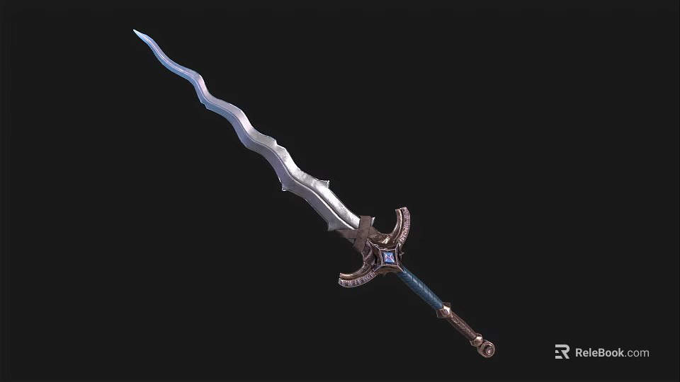 Fantasy Sword With Silver Curved Blade And Decorative Hilt Featuring Blue Gem 3d model 