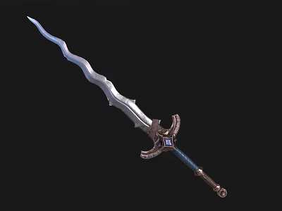 Fantasy Sword With Silver Curved Blade And Decorative Hilt Featuring Blue Gem 3d model