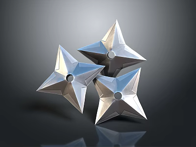 Three Metallic Star Shaped Shuriken Weapon With Sharp Points And Reflection 3d model