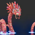 Red Dragon Shaped Art Installation with Curved Body and Illuminated Base against Dark Background