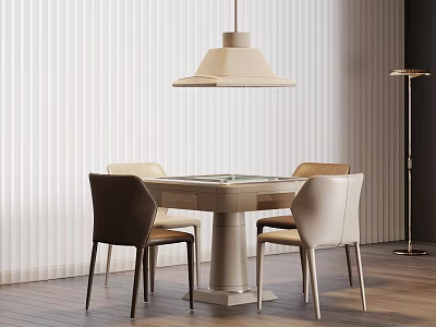Entertainment Table with Matching Chairs Hanging Lamp Blinds Background and Wooden Floor 3d model