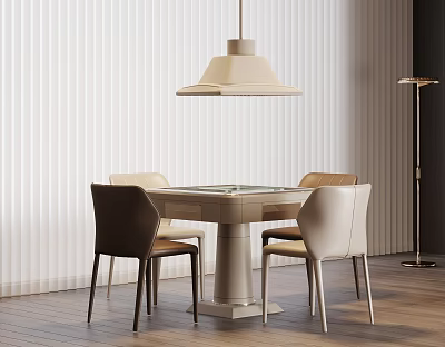 Entertainment Table with Matching Chairs Hanging Lamp Blinds Background and Wooden Floor 3d model