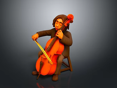 3D Character Model Playing Cello Sitting On Wooden Chair 3d model