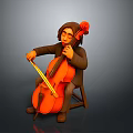 3D Character Model Playing Cello Sitting On Wooden Chair