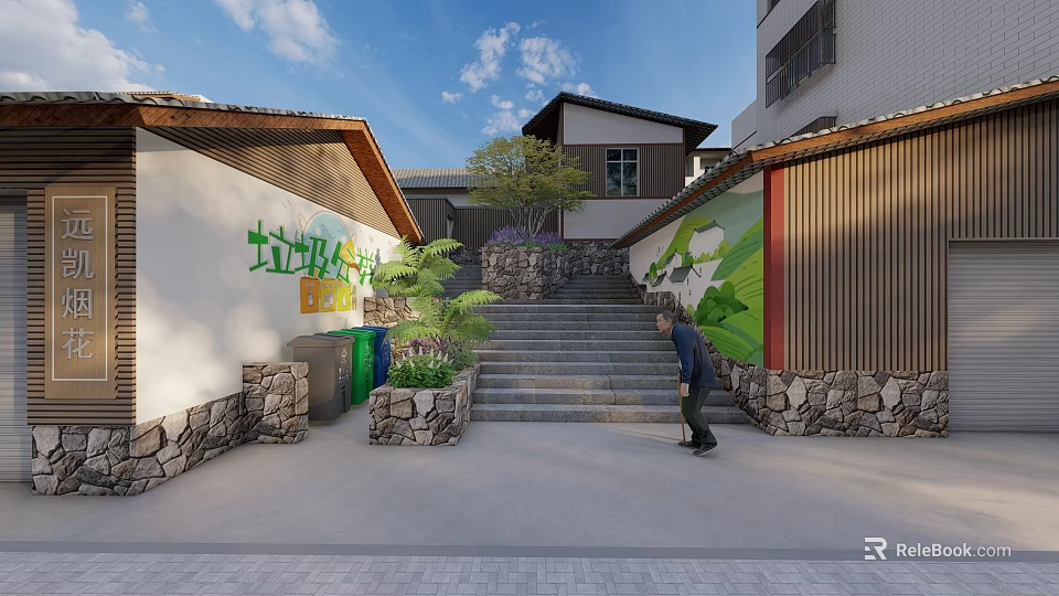 Traditional Rural Homestay Building With Stone Steps Green Plants And Stone Walls 3d model 