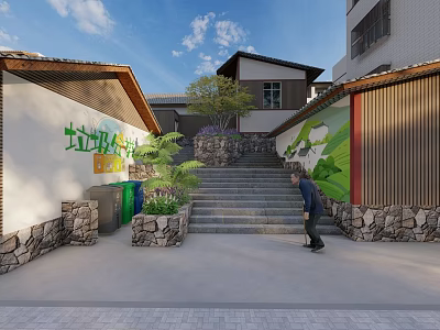 Traditional Rural Homestay Building With Stone Steps Green Plants And Stone Walls 3d model