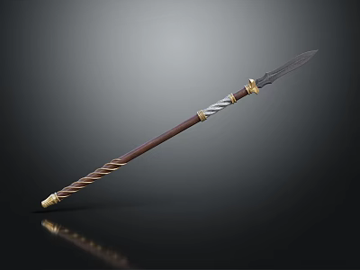 Traditional Spear With Wooden Shaft Twisted Design Metal Accents Golden Details And Sharp Blade 3d model