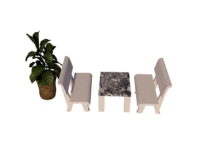 Table and Bench Set with Marble Top Light Colored Benches and Green Plant 3d model
