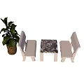 Table and Bench Set with Marble Top Light Colored Benches and Green Plant