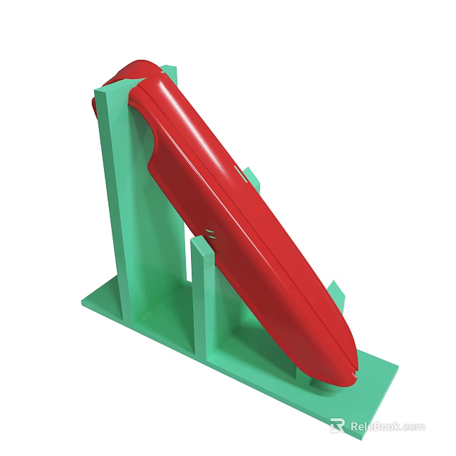 Red Curved Object Mounted On Sturdy Green Support Stand Structure 3d model 