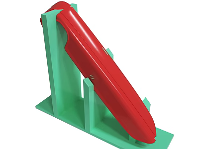 Red Curved Object Mounted On Sturdy Green Support Stand Structure 3d model