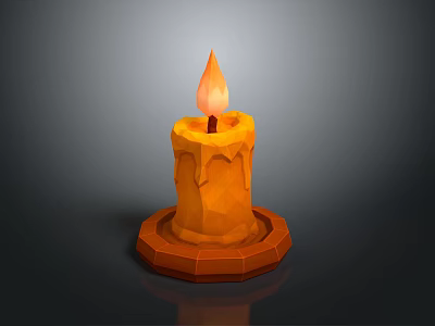 Burning Orange Candle With Glowing Flame Melted Wax And Round Base 3d model