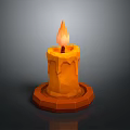Burning Orange Candle With Glowing Flame Melted Wax And Round Base