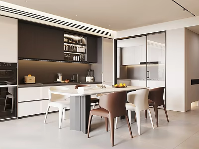 Modern Restaurant Interior With Open Kitchen Island Dining Table Cabinets And Chairs 3d model